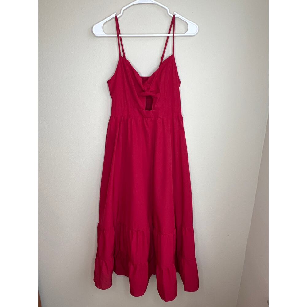 Bold Red Tie Front Cutout Tiered Midi Sundress Small Cottagecore